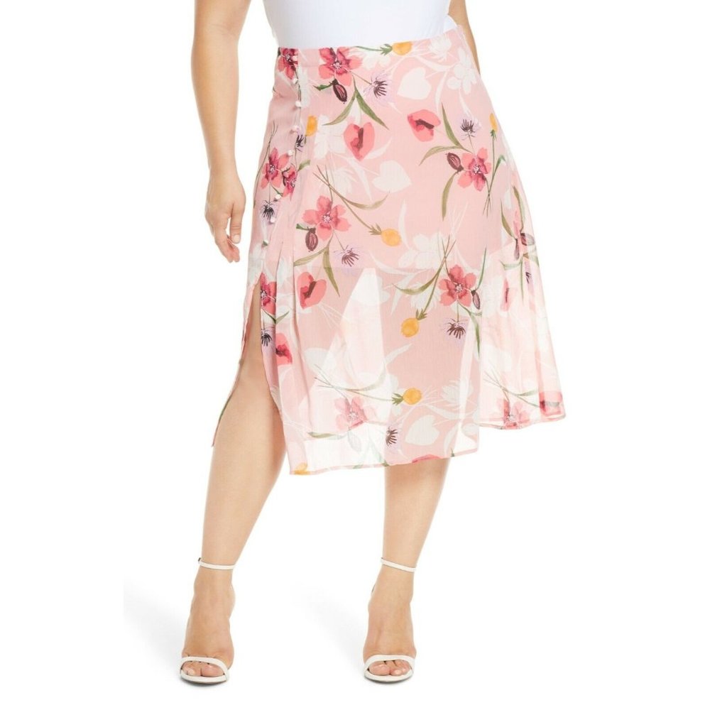 Leith Women's Skirt Pink Floral Size 1X Chiffon Partially Lined Side Split